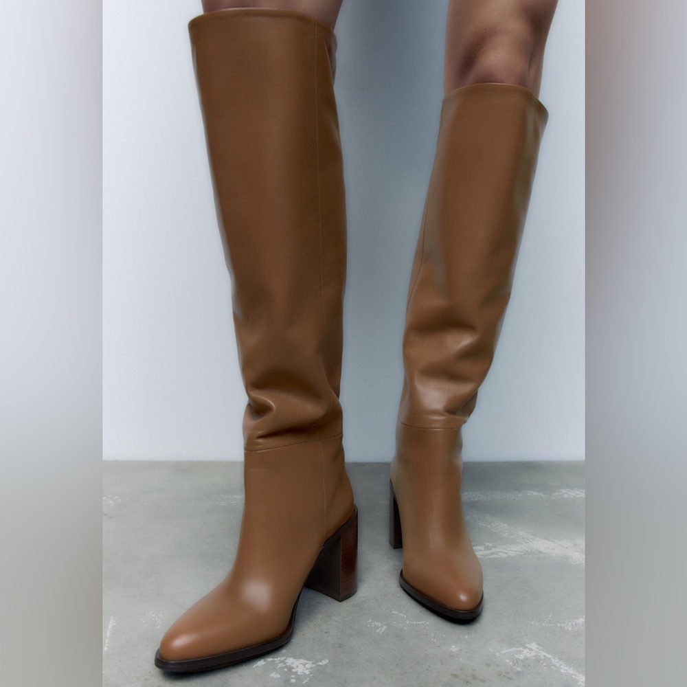 Zara Heeled Knee High Leather Boots in Size EU 38 US 7.5